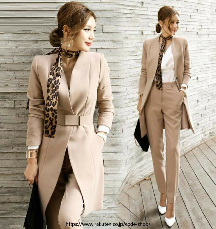 上下セット セットアップ レディース スーツ パンツスーツ ロングジャケット&パンツ OL 2点セット お洒落 上品 通勤 入学式 卒業式 セレモニースーツ ママ 母親 卒業式 入学式 オフィス 春秋 30代40代50代 フォーマル 女性 ベルト付き ロングコート 無地 ブラック 黒