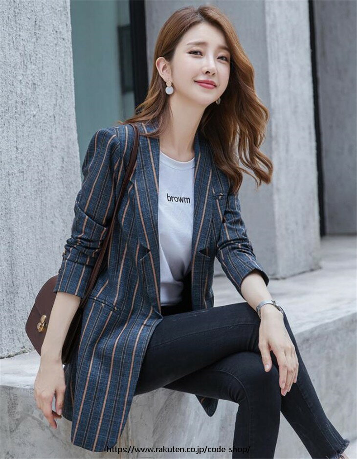 樂天商城 - ジャケット レディース スーツコート スーツジャケット ストライプ 一つボタン OL女性 オフィス フォーマル カジュアルジャケット きれいめ 20代30代40代 大きいサイズ 春夏 ロングジャケット 2color
