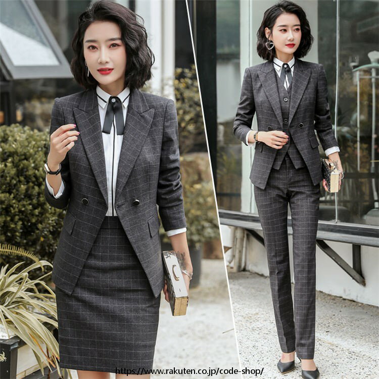 スリーピース レディース スーツ ビジネス パンツスーツ スカートスーツ 洗える 事務服 OLオフィス 通勤 就職活動 キャリア リクルートスーツ フォマール 卒業式 入学式 30代40代50代 きれいめ チェック柄 3点セット 黒 青 赤 大きいサイズ