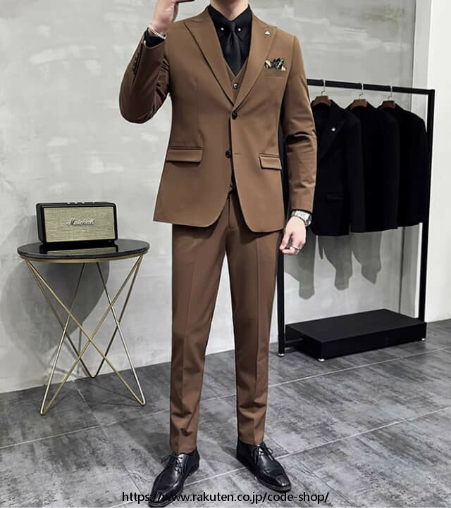 スリーピース スーツ メンズスーツ 春 秋 冬 メンズ タキシード スリム 着心地良い パンツスーツ 結婚式 紳士服 礼服 おしゃれスーツ フォーマル 二次会 成人式 ビジネス オフィス 通勤 就職活動 面接 大人 大きいサイズ 選べる「S~4XL」ブラウン