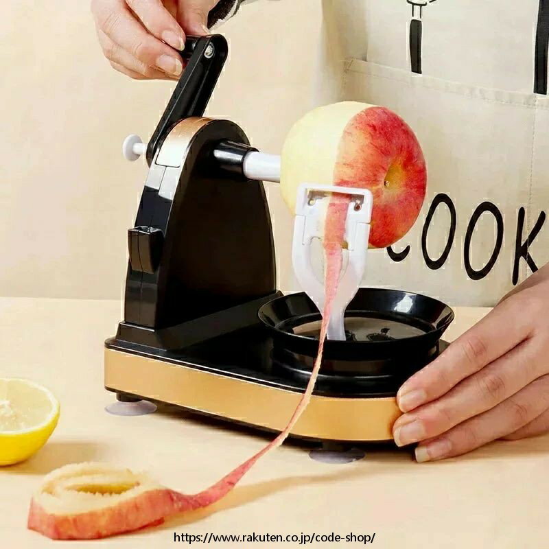 アップルピーラー リンゴ 果物削り 皮むき器 回転式 フルーツピーラー 手動 吸盤付き キッチン用品 フルーツピーラー オートマチックカッタ 手回しリンゴ皮むき 機家庭用 むき機 キッチン皮むきツール 梨じゃがいも用 (ブラックゴールド（1台）+カットフルーツ器（1個）)