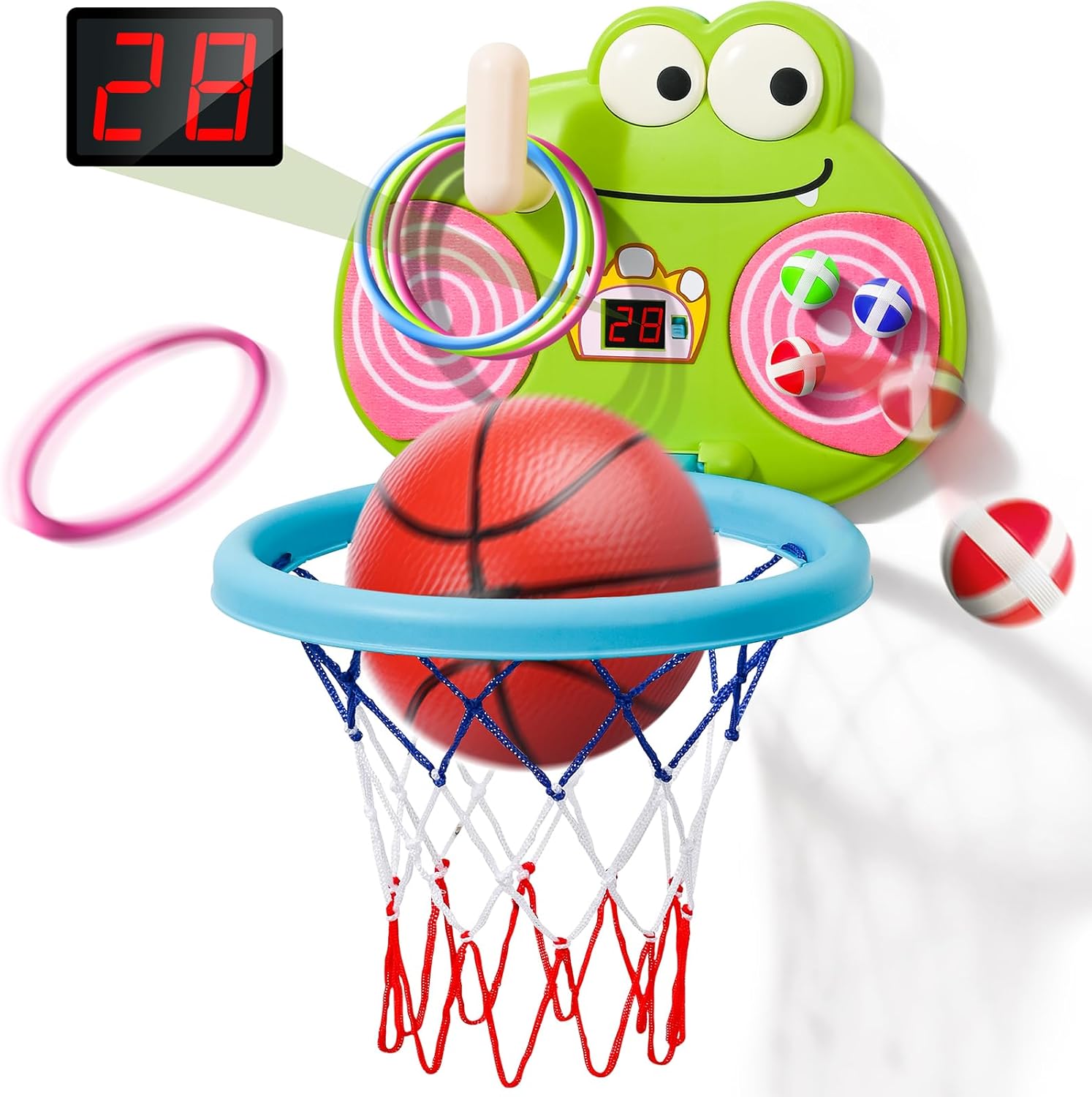 バスケットゴール バスケットボール おもちゃ 3in1遊び方 室内 屋外兼用 幼児 子供用 壁掛け ドア掛け バスケ 自動採点 効果音 輪投げ ダーツボード 粘着フック 吸盤付き 多場面使用 折り畳み式 収納便利 誕生日 クリスマス 新年 ハロウィン プレゼント ギフト 小学生 子供