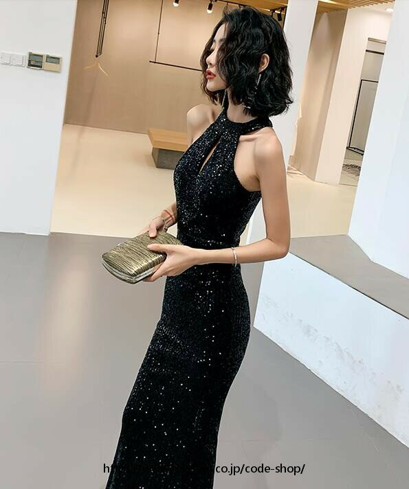 樂天商城 - マーメイドドレス★結婚式 二次会 ロングドレス パーティードレス 卒入式 同窓会 2次会 大人 イブニングドレス セクシー 袖なし 高級感 ロング丈ワンピース/成人式 花嫁 着痩せ 20代30代40代 ホルターネック スパンコール 優雅 スリットワンピース /黒/S/M/L/XL/2XL