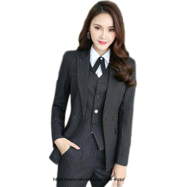 高品質 キレイめ レディース 3点セットスーツ ビジネススーツ 長袖ジャケット+ベスト+パンツ ストライプ柄 ベスト付き フォーマル 通勤..