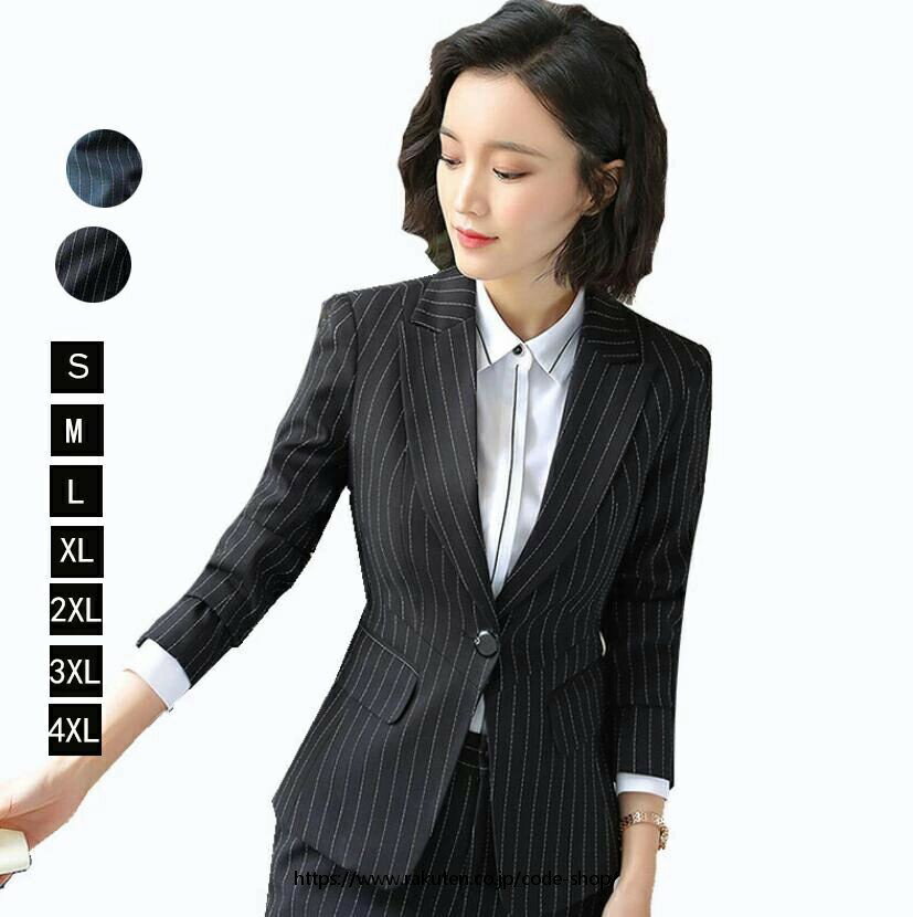 洗えるスーツ 秋ストライプスーツ レディース 長袖ジャケット+スカート/パンツ 20代30代40代50代 フォーマル OL 通勤 ママ 二次会 卒業式 オフィス上下セットS/M/L/XL/2XL/3XL/4XL 着痩せ スリム カジュアル 卒業式 2点セット/黒/灰色
