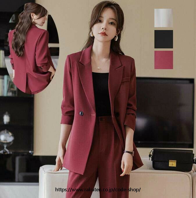 リクルートスーツ 事務服 就職活動 就活 パンツスーツ レディース ビジネススーツ 細身 春秋 2点セット..