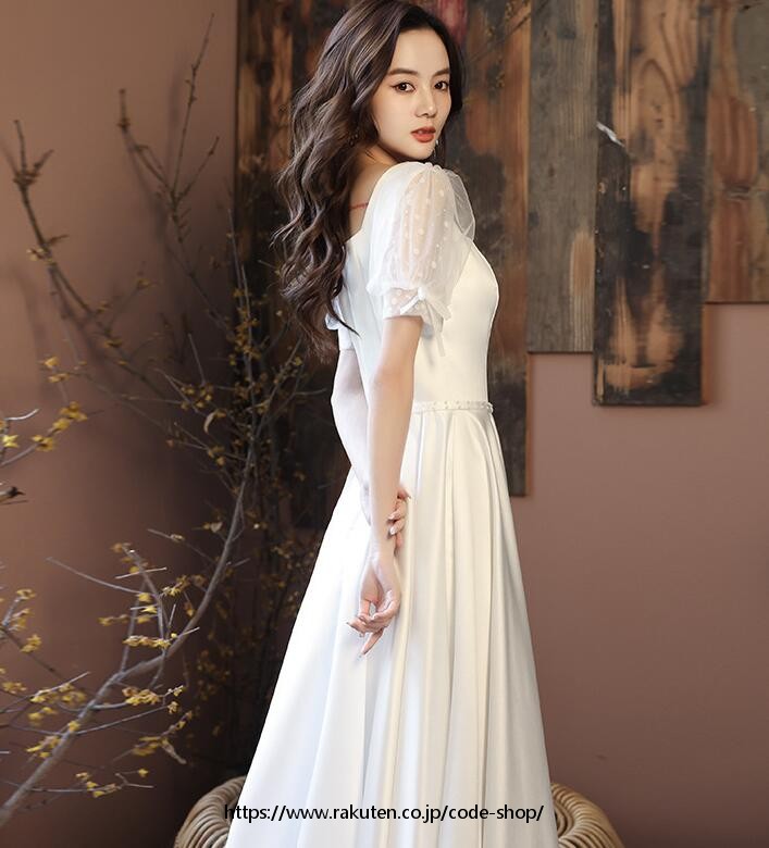 ソウゴウバンジヤの可愛い パーティードレス フォーマル マキシ丈ワンピース パーティードレス 結婚式ドレス 半袖 ウエディングドレス 大きいサイズ 大人 お呼ばれ XS S M L XL XXL XXXL 花嫁 きれいめ卒業式 入学式 謝恩会 成人式 二次会 2次会 スクエアネック カラードレス ホワイト｜アングル3