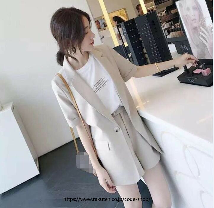 ブレザー サマースーツ 半袖 ジャケット レディース 2点セット ジャケット+パンツ 無地 ゆったり パンツスーツ 食事会 デート上下セット OL通勤 事務服 オフィスカジュアル 個性的 夏 新品入荷