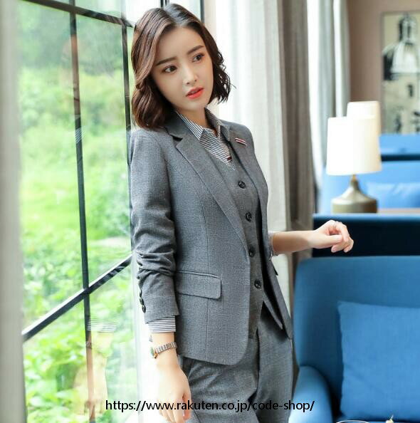 洗えるスーツ「春秋着」3点セットスーツ ビジネス 長袖ジャケット+パンツ/スカート+ベスト フォーマル 通勤 OL オフィス 制服 春秋着 ..