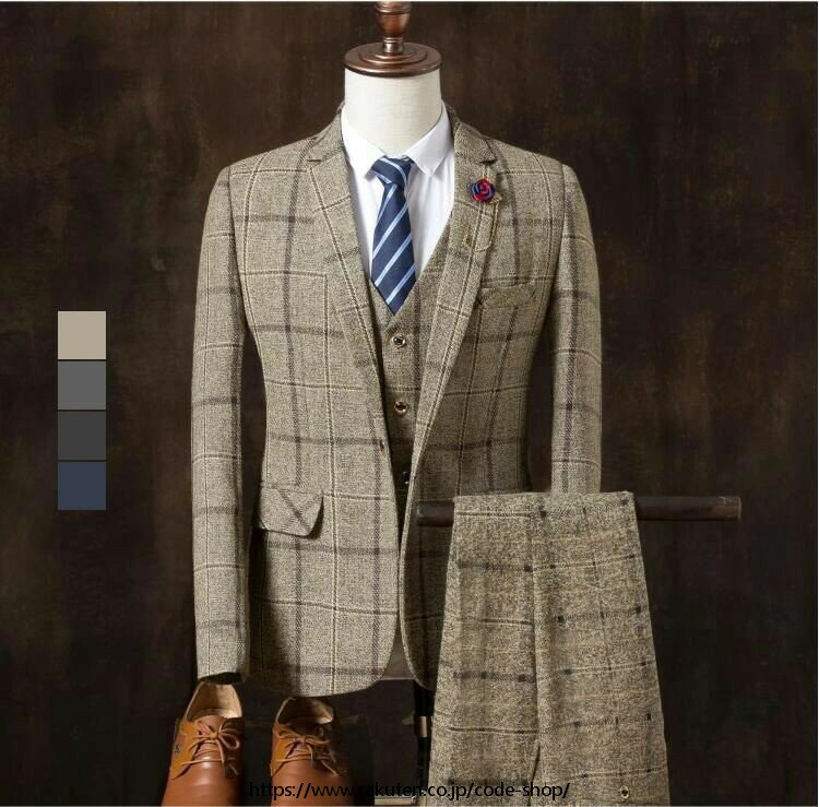 チェック柄 3ピーススーツ おしゃれメンズスーツ 高品質 スリーピース 結婚式 二次会 タキシード suit 細身 花婿 紳士用 フォマール ビジネススーツ セ...