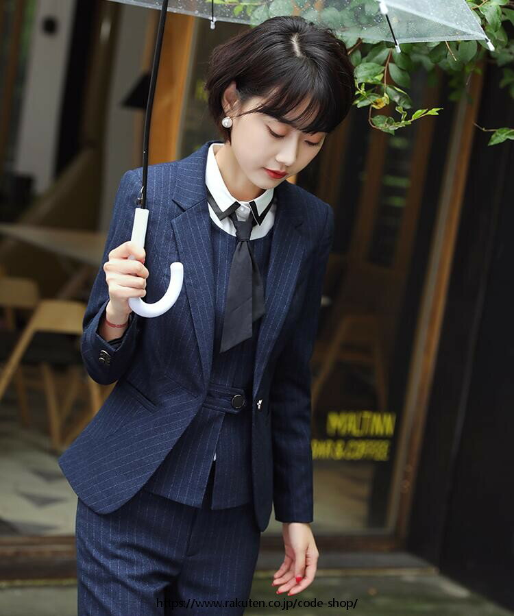 スーツ レディース 4ピーススーツ 大きいサイズ リクルートスーツ ビジネススーツ ストライプ 洗える OL女性 通勤 オフィス パンツスーツ スカートスーツ 20代 30代 40代 ママ 卒業式 入学式 二次会 ジャケット＋シャツ＋ベスト＋ズボン/スカート フォマール 4点セット 青 黒