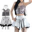 レディース シルバー 銀 ダンス衣装 ヒップホップ アイドル 衣装 演出服 セットアップ スカート ヘソ出..