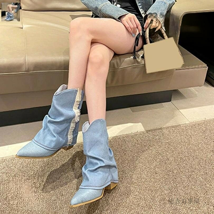 ウエスタンブーツ ロングブーツ レディース ブーツ ハイヒール デニムブーツ コーンヒール 疲れにくい シンプル ブルー ポインテッドトゥ 軽い ロングブーツ レディース 大きいサイズ ブーツ 黒 ストレッチブーツ