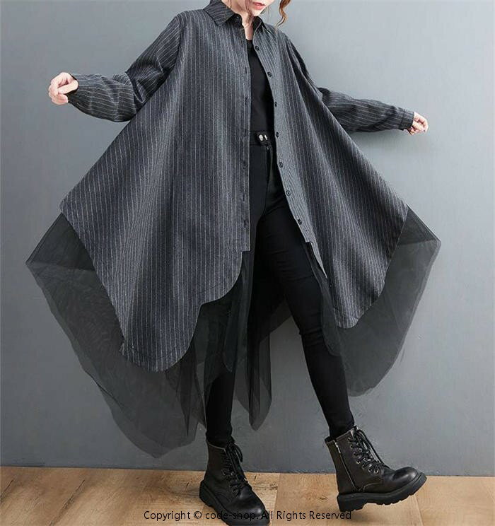 Rakuten - 裾チュール 切り替え シャツワンピース 長袖 レディース ストライプ シャツ ワンピース アシンメトリー ロングシャツ シャツワンピース ロングワンピース フレア フレアワンピース ゆったり 大きいサイズ 体型カバー おしゃれ 個性 シンプル カジュアル モード