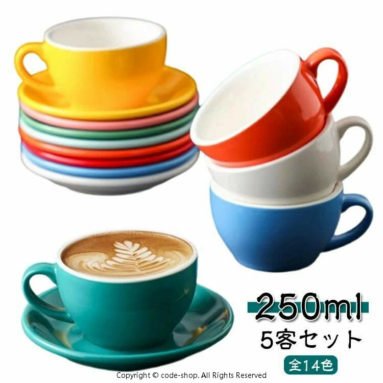 カフェ 珈琲カップ サラ 皿 カップ マグ おしゃれ 北欧 カラーカップ セット ソーサー マグカップ 250ml 陶器 来客用 5客セット