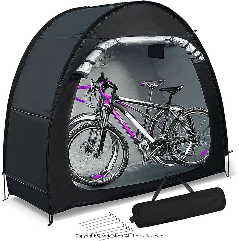 自転車テント展開サイズ：200×80×165 cm、折りたたみサイズ：50*15*15 cm、重さ2.3 KG、大人用自転車1-2台収納可能。 高品質の420Dオックスフォード布とコーティング防水裏面を用いて作られた耐水圧は4000mmで、すべての継ぎ目はダブルステッチで作られており、縫い目には防水プレス技術がアップグレードされており、悪天候下でも強力なサポートを提供するため、他の自転車テントに比べて防水性が大幅に向上し、雨の日の屋外使用時にも水が溜まらない。 一人でも取り付けと取り外しが簡単で、テント全体を組み立てるのに8分もかかりません。道具は必要ありません。普通のテントのように、設置プロセスは迅速で簡単です。小さく折りたたむことができ、軽くコンパクトで携帯性に優れています。自転車収納ドアの上部と底部のファスナーはドアを完全に閉鎖し、全面的な防水、防塵虫保護を提供することができ、屋外で使用して防風性を高めるため、自転車テントの上部に防風ロープのバンドルポイントを設計し、4本の防風ロープと地釘を配置し、強風があっても倒れにくく、自転車小屋をより強固に保護した。 200×80×165 cmの自転車置き場屋外は裏庭に1-2台の自転車を収納し、ガレージスペースや子供が遊べる場所を解放することができます。自転車置き場内部には自転車用帽子のフックがデザインされており、自転車用ヘルメットの収納に便利で、外付け側面通気口がデザインされており、また自転車用駐車場自転車車庫としてだけでなく、園芸工具、家具マット、芝刈り機、エアコン、プール玩具の収納庫としても使用できる。 自転車テントは以下の内容を得ることができる：テント*1、ガラス繊維棒*7、地釘*4、説明書*1、収納袋*1。