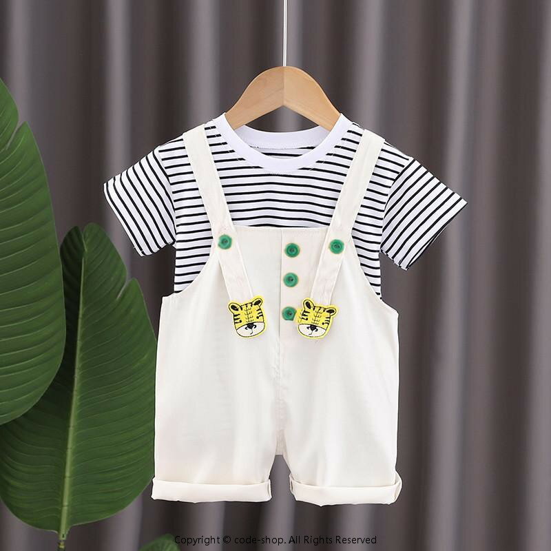Rakuten - ベビー服 男の子 半袖 Tシャツ セットアップ オーバーオール 1歳 2歳 3歳 幼児 サロペット ショートパンツ 2点セット 綿 夏 ストライプ柄 トラ柄 かわいい おしゃれ 普段使い 通園