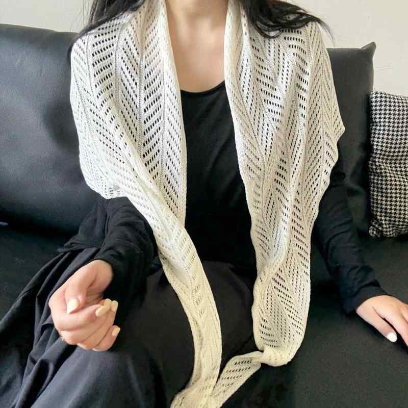 樂天商城 - ショール レディース 接触冷感 ニット 三角 透かし編み レース 麻感 ストール 羽織り 冷房対策 日よけ UVカット 薄手 竹節麻素材 春夏 オフィス カジュアル オフホワイト ブラック グレー ベージュ系 おしゃれ ファッション小物