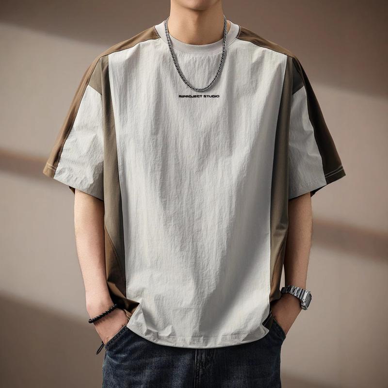 樂天商城 - Tシャツ メンズ 半袖 ゆったり 高級感 ツートンカラー 速乾 接触冷感 夏 薄手 切り替え ドロップショルダー クルーネック アルファベット ロゴ プリント 通気性 ナイロン ストレッチ カジュアル 普段使い アウトドア ベージュ ブラウン