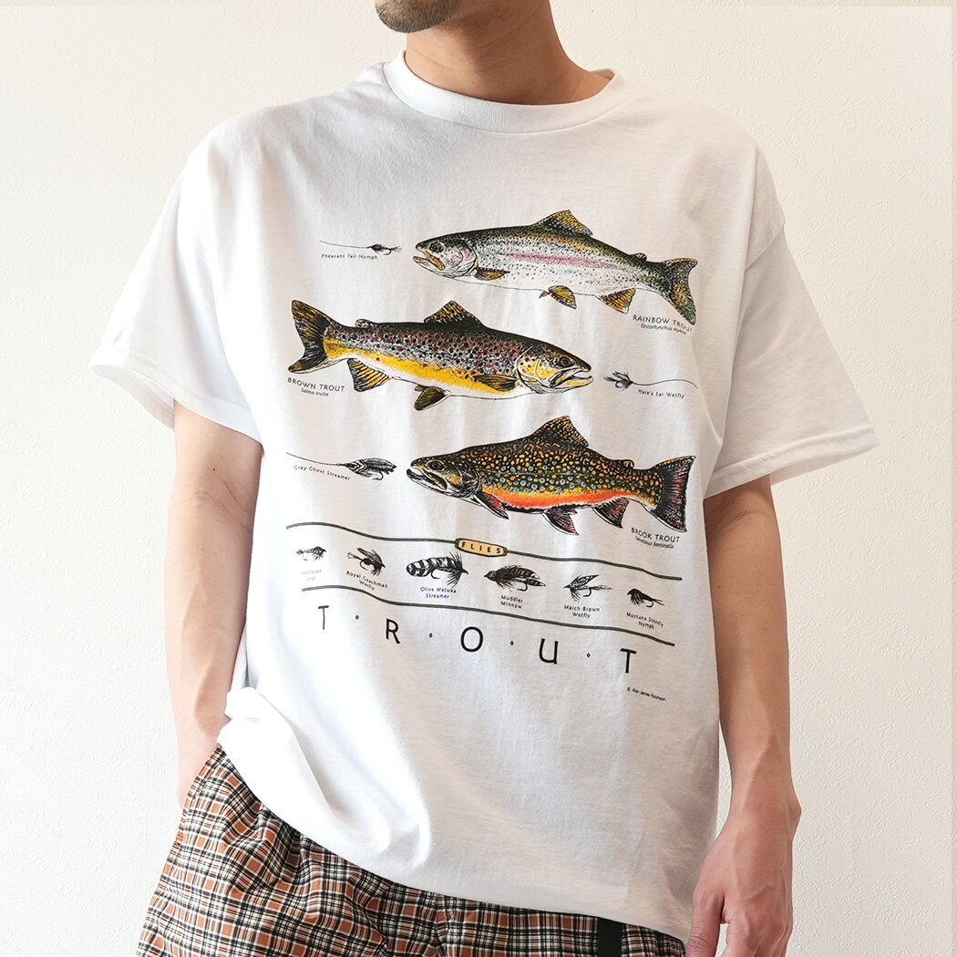Rakuten - LIBERTY GRAPHICS Trout & Flies Adult Natural T-shirt NATURAL WHITE リバティ グラフィックス Tシャツ トップス 386 ( 魚 白 プリント デザイン アート 半袖 メンズ レディース )