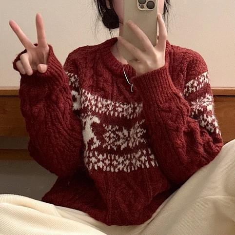 花鹿雪花ツイストプレッツェルルーズフィットニット3color ニット セーター レディース｜韓国 LOVENSOM..