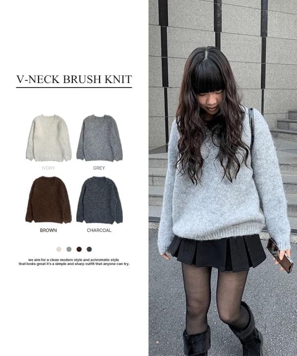 チート ルーズフィット 幅 ブイネック ブラシ ニット ニット レディース｜韓国 anyonemore｜コーディブ..