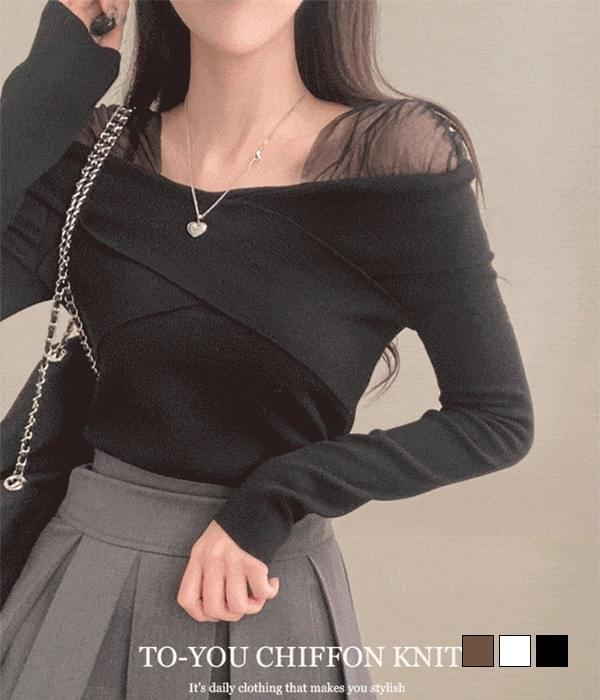 投油網糸レースシフォンオフショルダークロスキンクニット ニット Tシャツ レディース｜韓国 gifteabox..