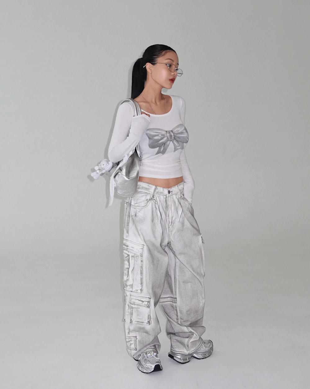 シルバーカーゴリアバンディングデニムワイドパンツ デニムパンツ レディース｜韓国 Delight-J｜コーディブック