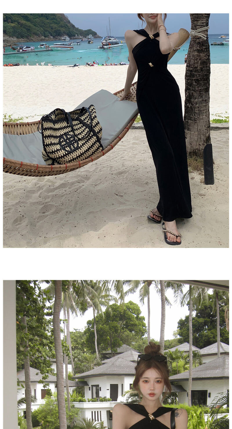 テナホルターキンクゴールド装飾ロングワンピース マキシワンピース ホルターネックドレス レディース｜韓国 Dearlow｜コーディブック