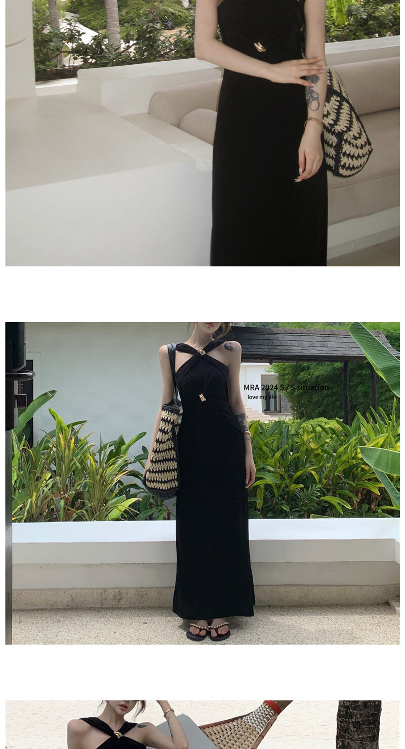 テナホルターキンクゴールド装飾ロングワンピース マキシワンピース ホルターネックドレス レディース｜韓国 Dearlow｜コーディブック