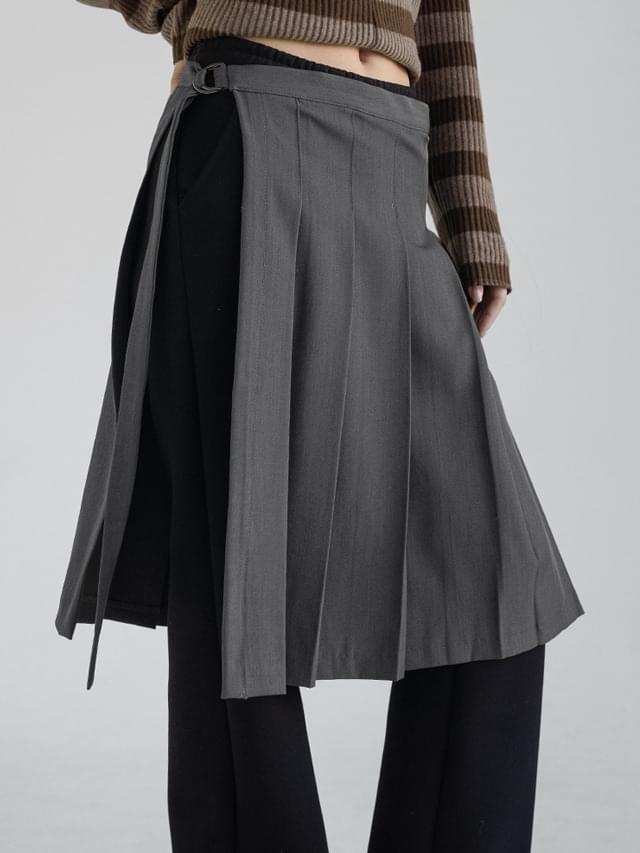 ビッグサイズS-XLソリダンサイドバックルストラップレイヤードプリーツミディスカート スカート レディ..