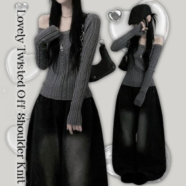 ツイストプレッツェルオフショルダースリムニットギンパルティー ニット セーター レディース｜韓国 cc..