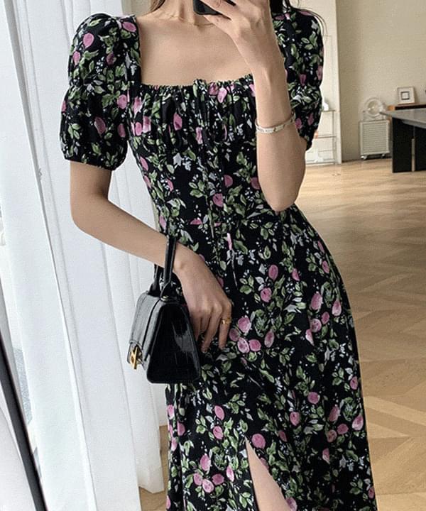 クーパースクエアネックフラワーパフトイムマキシロングワンピース マキシワンピース オフショルダードレス レディース｜韓国 Dearlow｜コーディブック