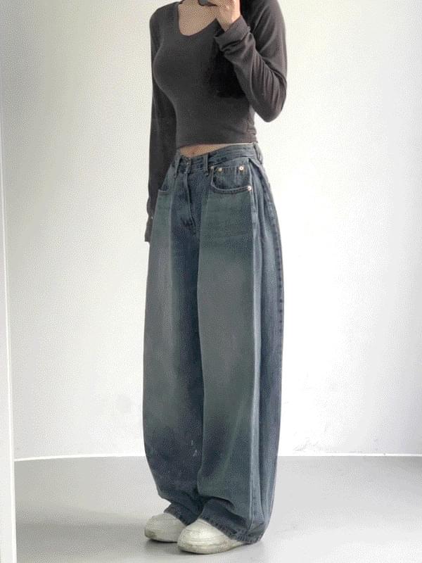 ヘッダー折りたたみデニムワイドパンツ デニムパンツ レディース|韓国 Dayroze|コーディブック