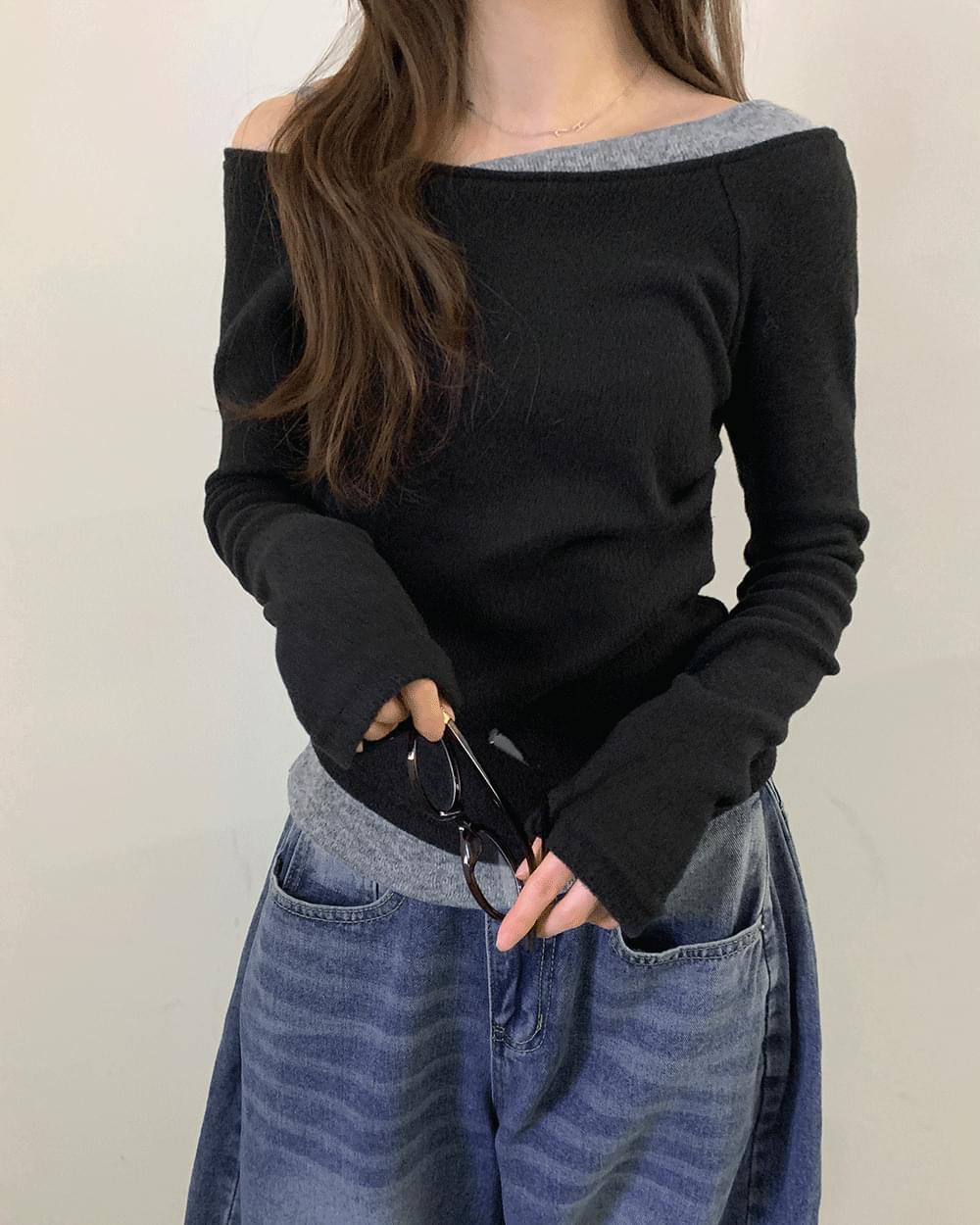 アズンレイヤード配色 レイヤード 表側アンバランスシャツ 長袖 Tシャツ Tシャツ レディース｜韓国 ondeed｜コーディブック