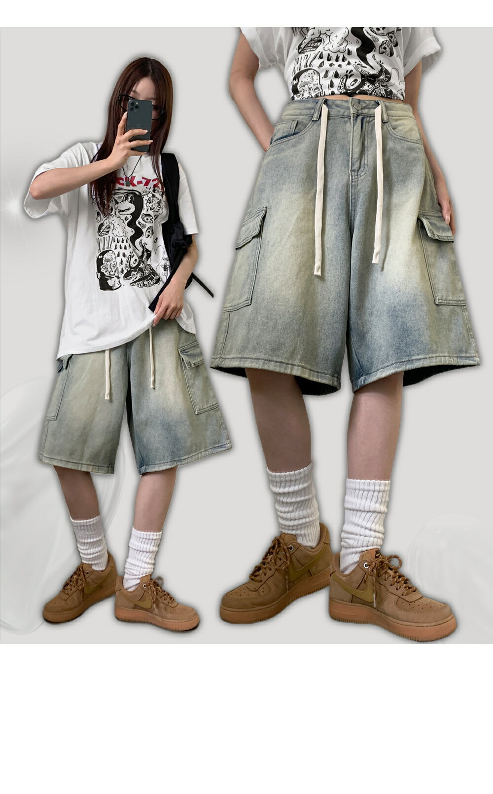 コーランウォッシュカーゴストリングバミューダ5部デニムショーツパンツ ショートパンツ レディース｜韓国 ondeed｜コーディブック