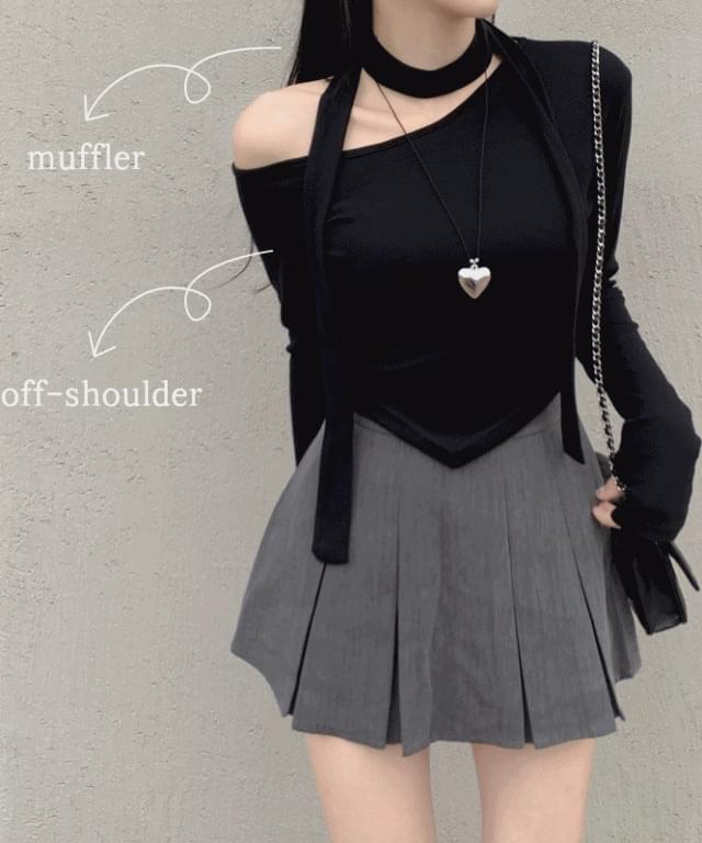 ヘナマフラーチョーカーセットアンバランスアンバルオフショルダーTシャツ 長袖 Tシャツ レディース｜..