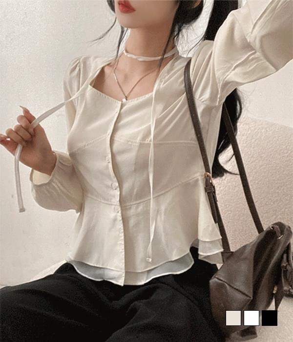 リアンフリル二重裾スクエアネックスカーフマフラーパフ長袖ブラウス ブラウス レディース｜韓国 gifteabox｜コーディブック