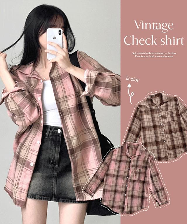 ソーラーオーバーフィットヴィンテージチェック長袖シャツシャツ男女共用カップルアウター切手 シャツ ..