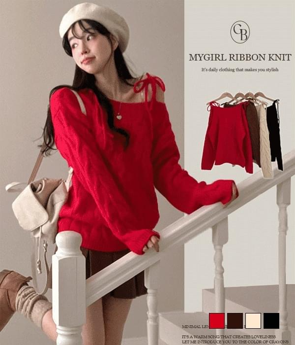 マイガールドトムリボンオフボートネックプレッツェルルーズフィットニット ニット セーター レディー..