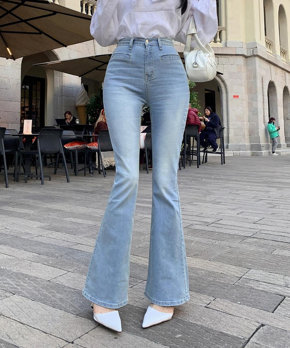 *ダークブルーライトブルー追加* MADEフロントポケットハイウエストロングウォッシュカットロングデニムパンツライトブルー黒青コットンブルーラッパーズボン デニムパンツ レディース｜韓国 wannabemuse｜コーディブック