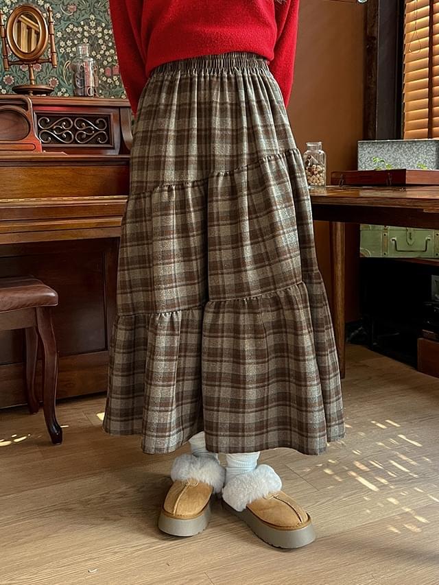 ビッグサイズS-3XLナロアピッチ起毛チェック斜線レイヤードカンカンバンディングロングスカートスカート スカート ラッフルスカート レディース｜韓国 DANGDANG GIRL｜コーディブック
