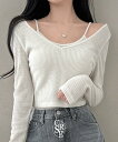 リブスリーブレス+Vネック長袖Tシャツセット ニット セーター レディース|韓国 creamsugar|コーディブック