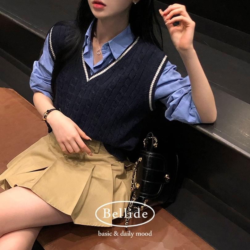 【made/WOOL30%】女神Vネック配色プレッツェルベストニット カーディガン / ベスト sweater-vest レデ..