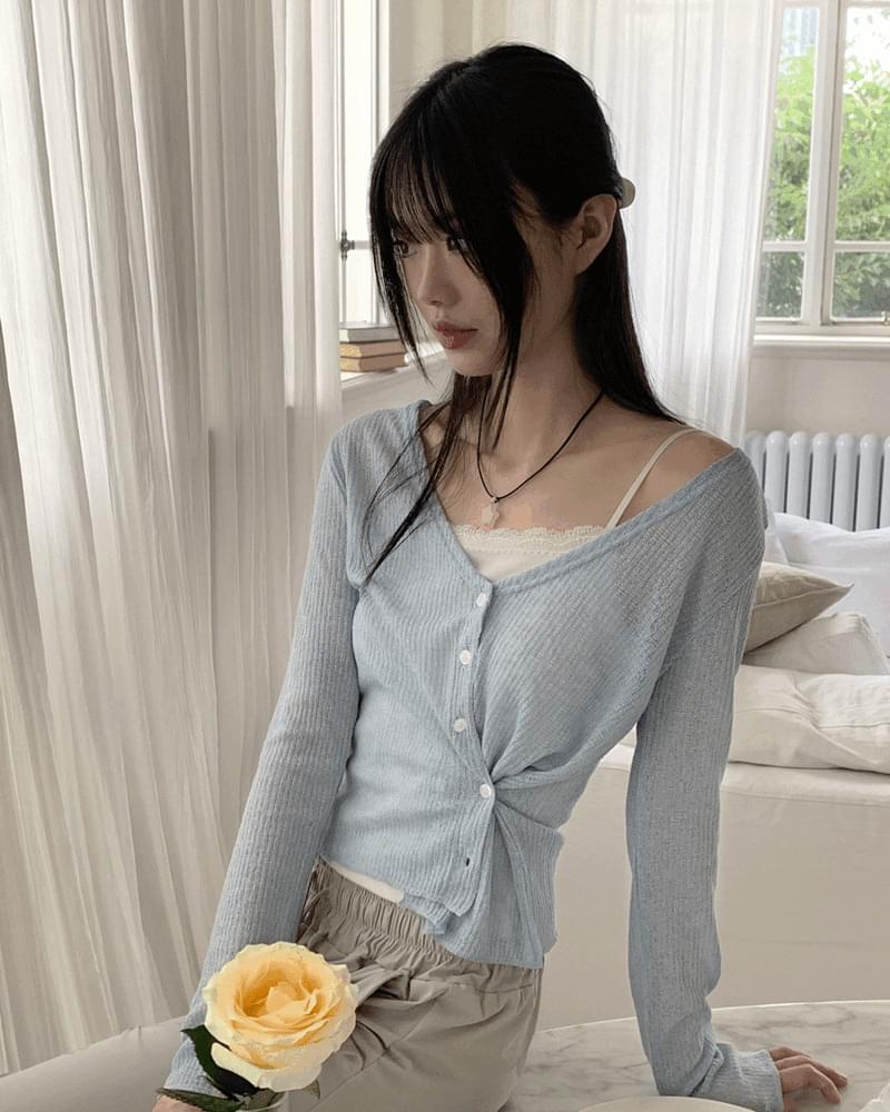 ディープリネンツーウェイVネッククロップ長袖カーディガン カーディガン / ベスト カーディガン レディース｜韓国 wonderwonder｜コーディブック