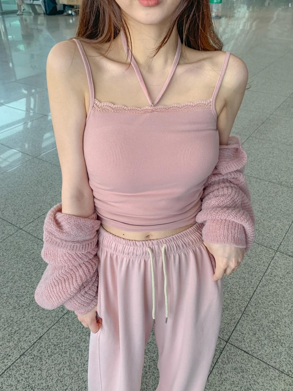 デイリーホルターネックストラップチョーカーレースクロップナッシュインナースリーブリブスリーブレス..