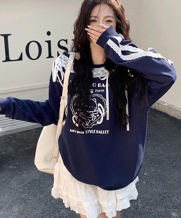 ブリーディングリボンレースキャラクタースウェットシャツ 長袖 Tシャツ レディース｜韓国 Dearlow｜コーディブック