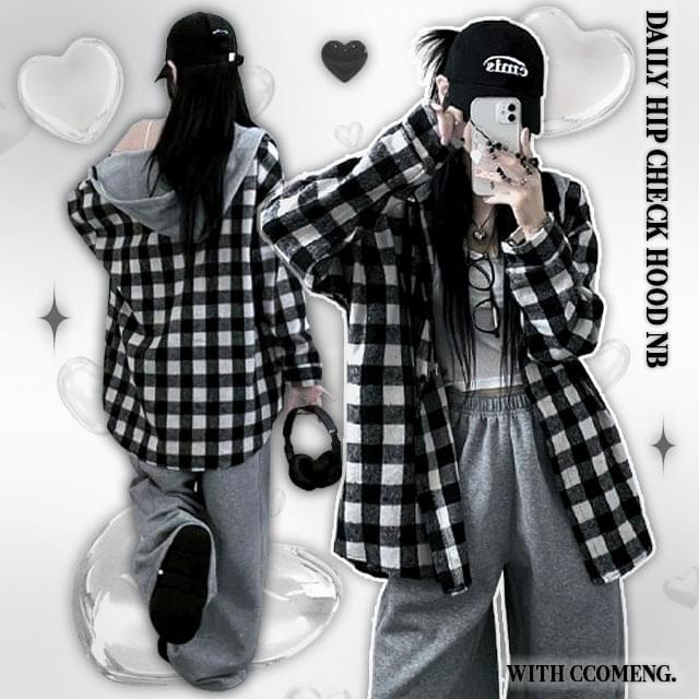 ビッグコミックチェック配色フードボックスフィットシャツ シャツ レディース｜韓国 ccomeng｜コーディ..
