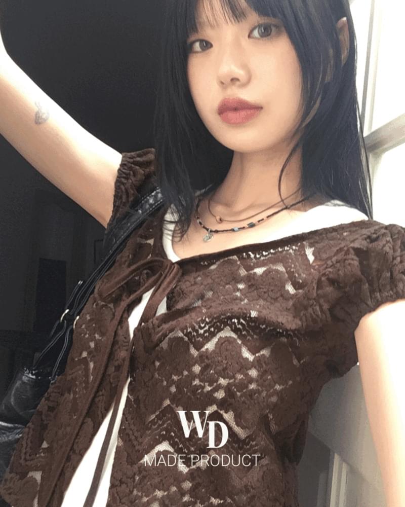 ティポールローズシースルーボタンストラップパフ半袖カーディガン カーディガン / ベスト Tシャツ レディース｜韓国 wonderwonder｜コーディブック