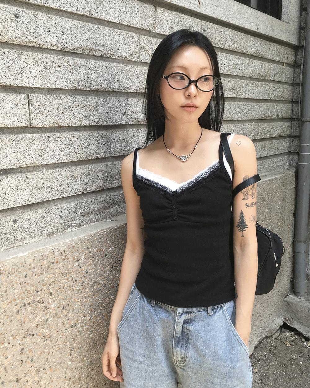 プルーンレースリブゴルジスリーブレスネックナッシュスリーブレス ノースリーブ レディース｜韓国 won..